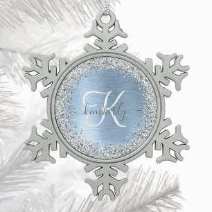 Ornement Flocon De Neige Parties scintillant en argent brossé bleu Nom du m