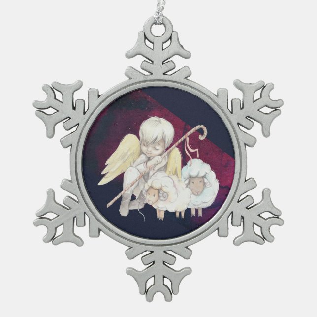 Ornement Flocon De Neige Pasteur de Noël Ange avec agneaux (Devant)