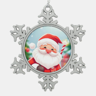 Ornement Flocon De Neige Père Noël joyeux tenant un Sucre de canne