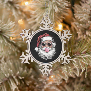 Ornement Flocon De Neige Père Noël Rétro Avec Lunettes Soufflant une Bulle 