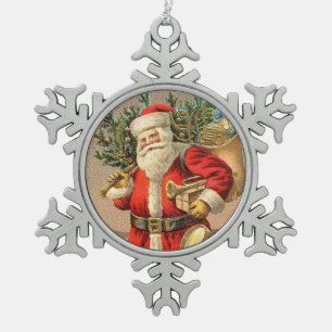 Ornement Flocon De Neige Père Noël vintage apportant des cadeaux et arbre d