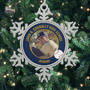Ornement Flocon De Neige Photo de joueur de baseball en or bleu marine Lycé