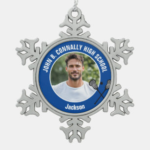 Ornement Flocon De Neige Photo de joueur de crosse bleu Esprit de lycée
