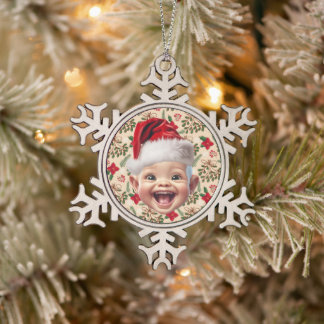 Ornement Flocon De Neige Photo de Noël sur le visage du bébé