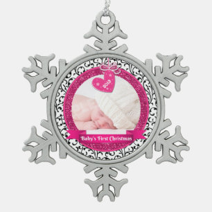 Ornement Flocon De Neige Pink Heart Damask Photo du premier Noël du bébé