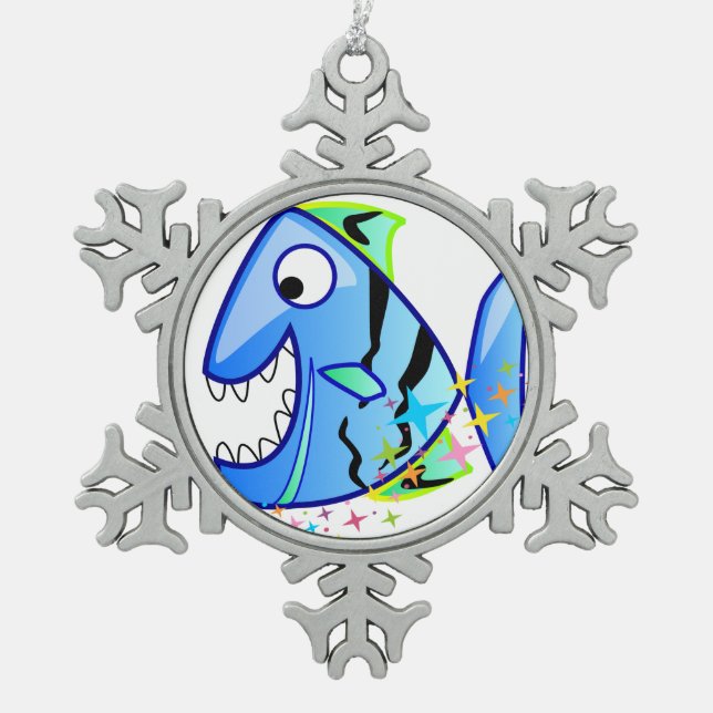 Ornement Flocon De Neige Piranha Tropical Bleu avec étoiles (Devant)
