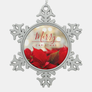 Ornement Flocon De Neige Poinsettias rouges avec Golden Bokeh Noël