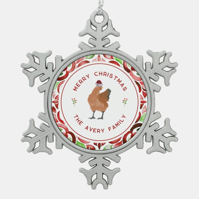 Ornement Flocon De Neige Poulet Noël Rouge & Vert Aquarelle (Devant)