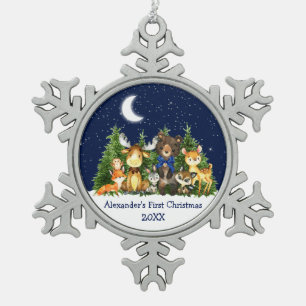 Ornement Flocon De Neige Première forêt de Noël de bébé Animaux Bleu Bow