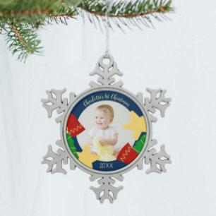 Ornement Flocon De Neige Première photo de Noël du bébé vintage mignon