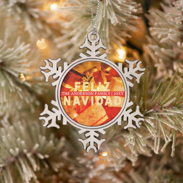 Ornement Flocon De Neige Red Gold Feliz Navidad Modern Elegant Christmas (Arbre)