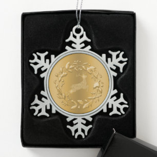 Ornement Flocon De Neige Rennes d'or et couronne Noël