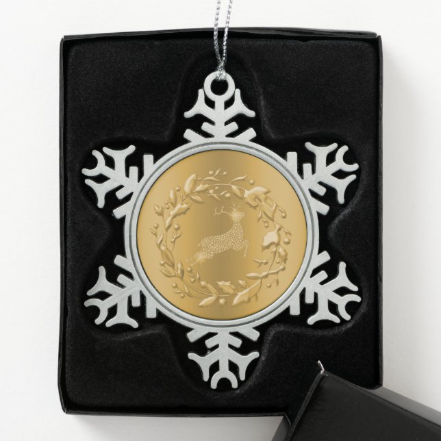 Ornement Flocon De Neige Rennes d'or et couronne Noël (Boîte)