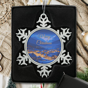 Ornement Flocon De Neige Retro Village Mountain Blue Gold Paysage