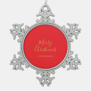 Ornement Flocon De Neige Rouge vif et couleurs dorées Joyeux Noël en famill
