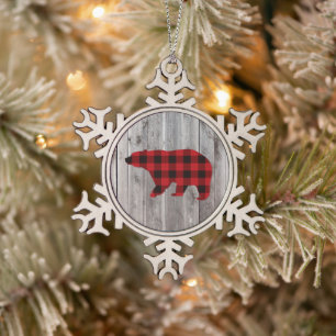 Ornement Flocon De Neige ruodland barn wood red buffalo plaid bear