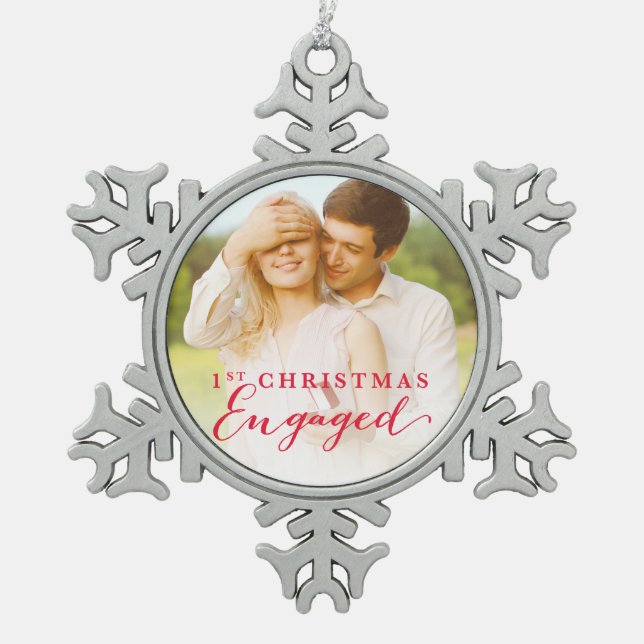 Ornement Flocon De Neige Script First Christmas Engagé Holiday Photo (Devant)