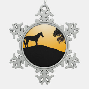 Ornement Flocon De Neige Silhouettes noires de cheval et d'arbre