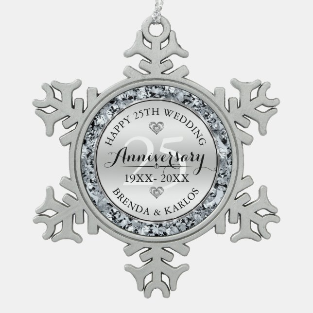 Ornement Flocon De Neige Silver & diamants blancs 25e anniversaire du maria (Devant)
