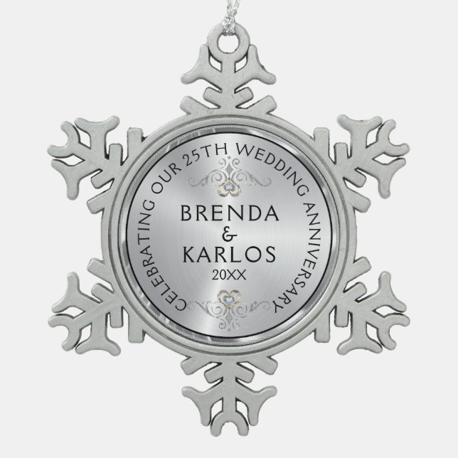 Ornement Flocon De Neige Silver & diamants blancs 25e anniversaire du maria (Devant)