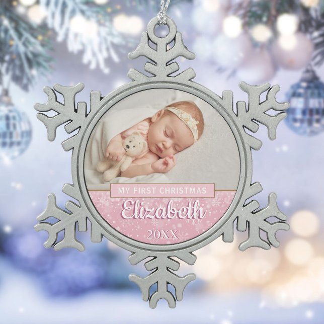 Ornement Flocon De Neige Snowflakes Baby Photo First Christmas Script (Snowflakes Baby Photo First Christmas Script Snowflake Pewter Christmas Ornament)