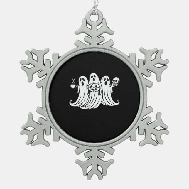 Ornement Flocon De Neige Spooky Coffee Sipping Pumpkin Holding (Devant)