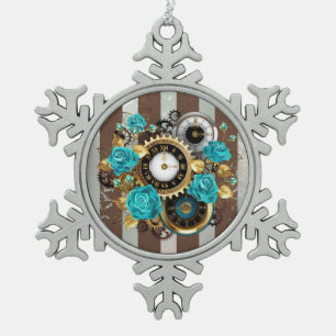 Ornement Flocon De Neige Steampunk Clock and Turquoise Roses on Striped
