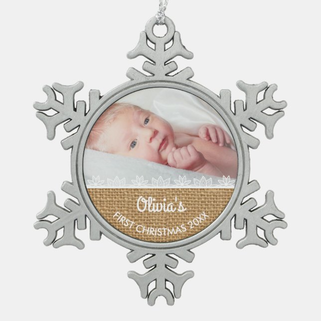 Ornement Flocon De Neige Toile de jute et Noël du bébé de dentelle premier (Devant)