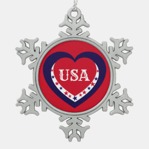 Ornement Flocon De Neige USA Patriotique Rouge Blanc Bleu Cœur Festif