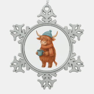 Ornement Flocon De Neige Vache Highland mignonne avec café - Hiver cosy