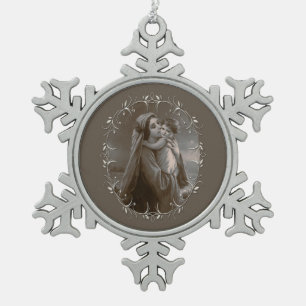 Ornement Flocon De Neige Vierge vintage et enfant avec cadre argenté