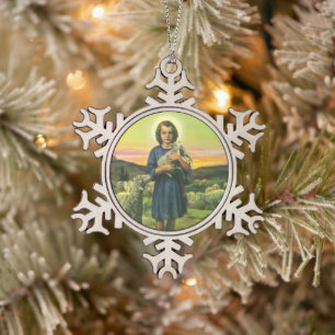 Ornement Flocon De Neige Vintage Jésus Christ berger avec agneau de bébé