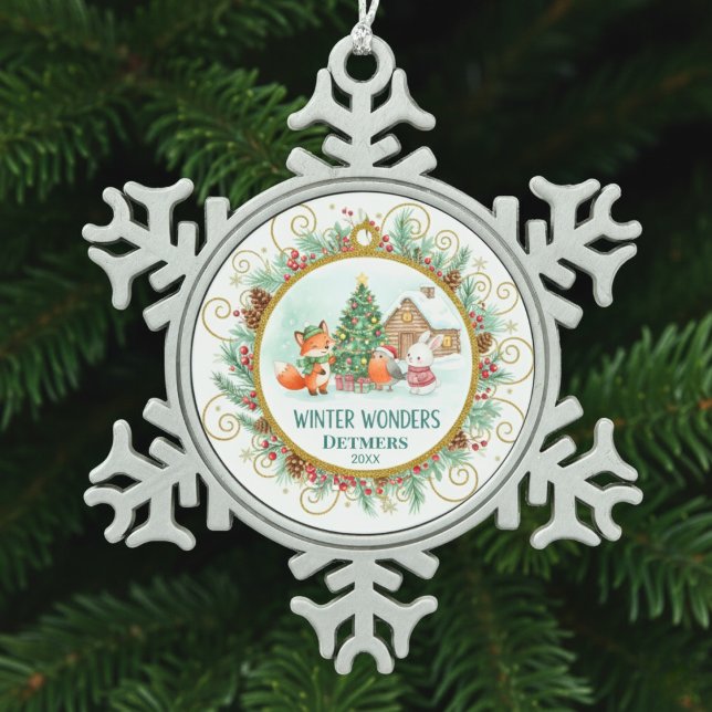 Ornement Flocon De Neige Winter Wonders Forest Friends Personalized (Winter Wonders Forest Friends Personalized Snowflake Pewter Christmas Ornament)