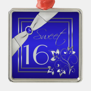 Ornement floral bleu et argenté de sweet sixteen