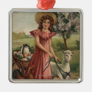 Ornement Métallique Agneau, poussin, et coq de marche de fille