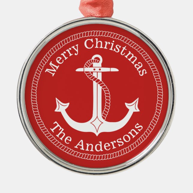 Ornement Métallique Ancre blanche marine Nom de famille Noël (Devant)