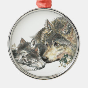 Ornement Métallique Aquarelle Mère Wolf & Cubs Animal Art