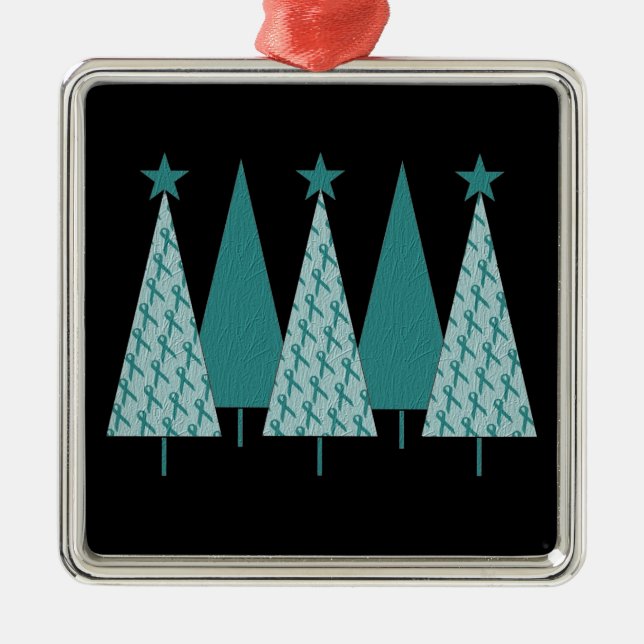 Ornement Métallique Arbres de Noël - Turquoise Ruban Cancer de l'ovair (Devant)