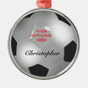 Ornement Métallique Argent balle de soccer personnalisable cadre photo