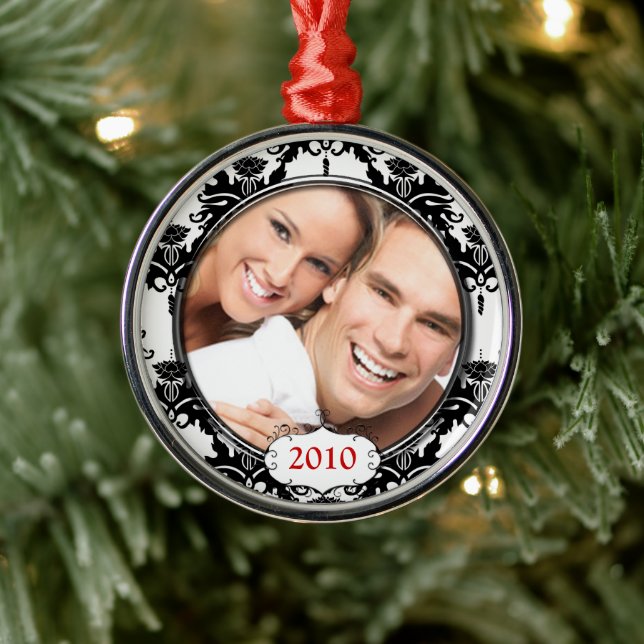 Ornement Métallique Black Damask Your Photo Christmas Orament (Arbre)
