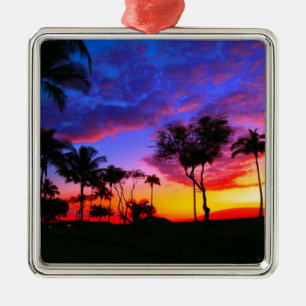 Ornement Métallique Blue Red Sunset Exotic Hawaiian Beach Palm Trees