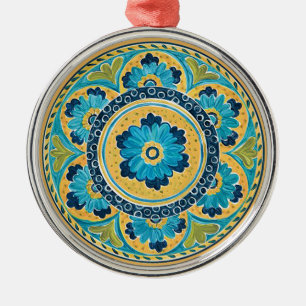 Ornement Métallique Carrelage bleu Floral Mexicain