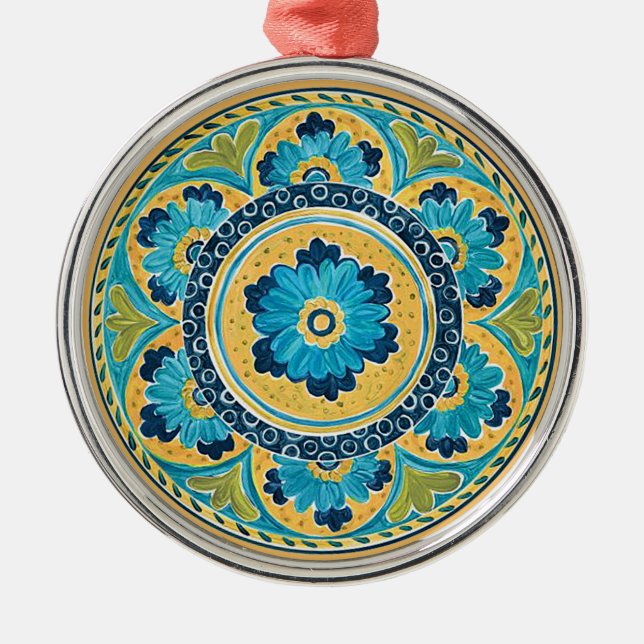 Ornement Métallique Carrelage bleu Floral Mexicain (Devant)