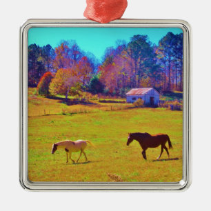 Ornement Métallique Chevaux dans un champ de couleur arc-en-ciel