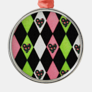 Ornement Métallique Colorful harlequin Print with Rose Hearts
