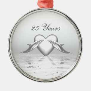 Ornement Métallique Dauphins et coeur argentés d'anniversaire