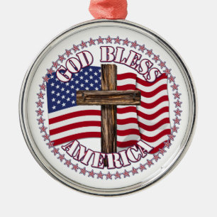 Ornement Métallique Dieu Bénisse l'Amérique et Croix Avec Drapeau USA 