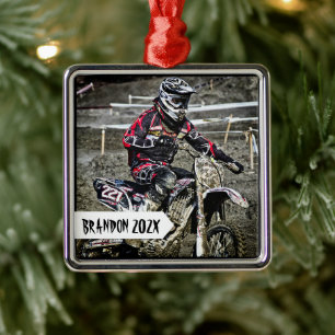 Ornement Métallique Dirt Bike Racer Nom personnalisé Photo