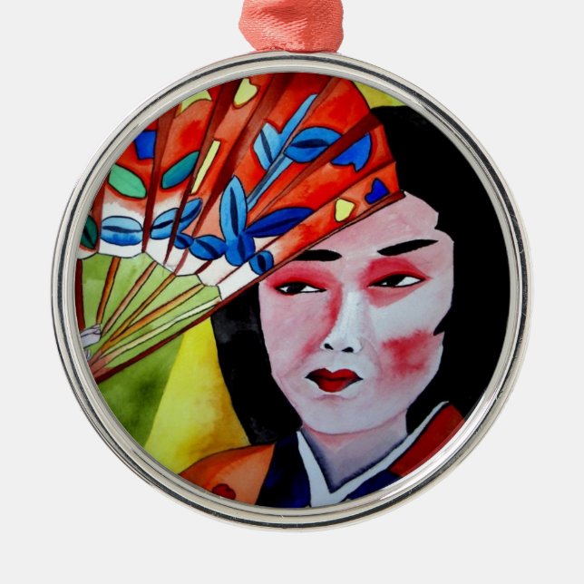 Ornement Métallique geisha japonaise avec ventilateur peinture d'art o (Devant)