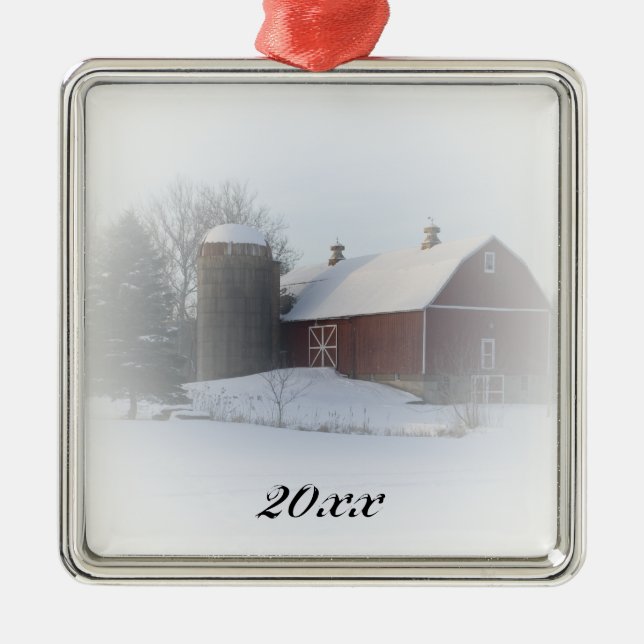 Ornement Métallique Grange rouge de Noël de pays datée (Devant)